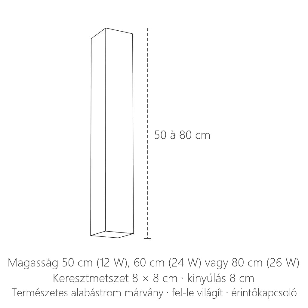 Alabástrom márvány oszlop LED fali lámpa méretei: 50–80 cm magas, 8 × 8 cm