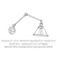 Az állítható réz fali lámpa méretei: kar 23 + 23 cm, kinyúlás 70 cm, búra Ø 18 cm