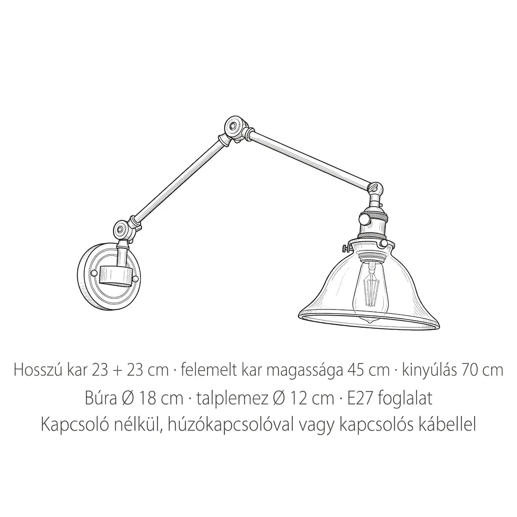 Az állítható réz fali lámpa méretei: kar 23 + 23 cm, kinyúlás 70 cm, búra Ø 18 cm