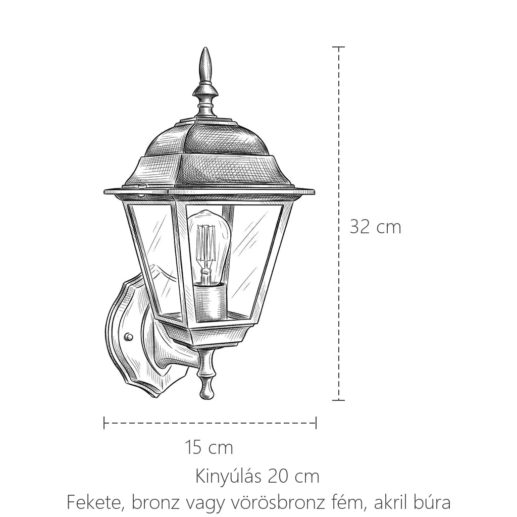 Álló kültéri lámpás fali lámpa méretei: 32 cm magas, 15 cm széles