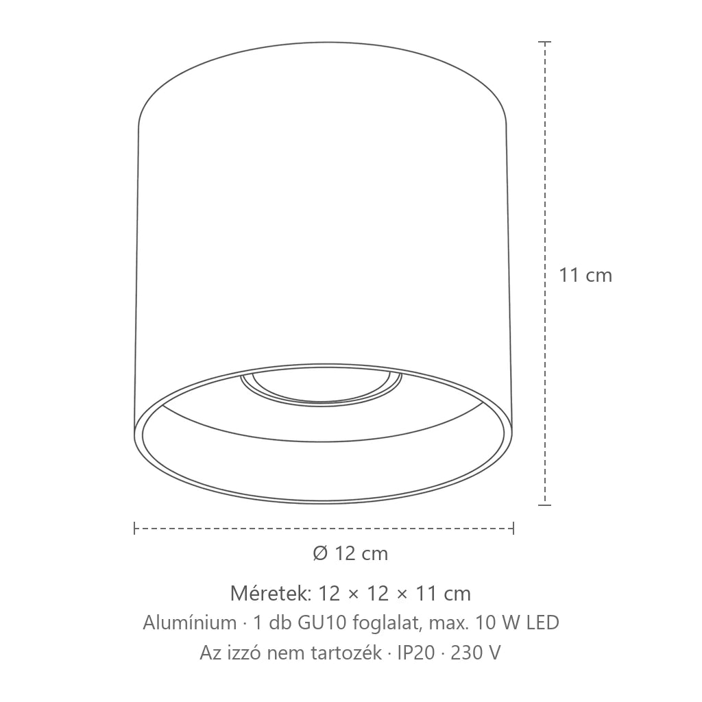 Alumínium henger mennyezeti spot méretei: 12 × 12 × 11 cm
