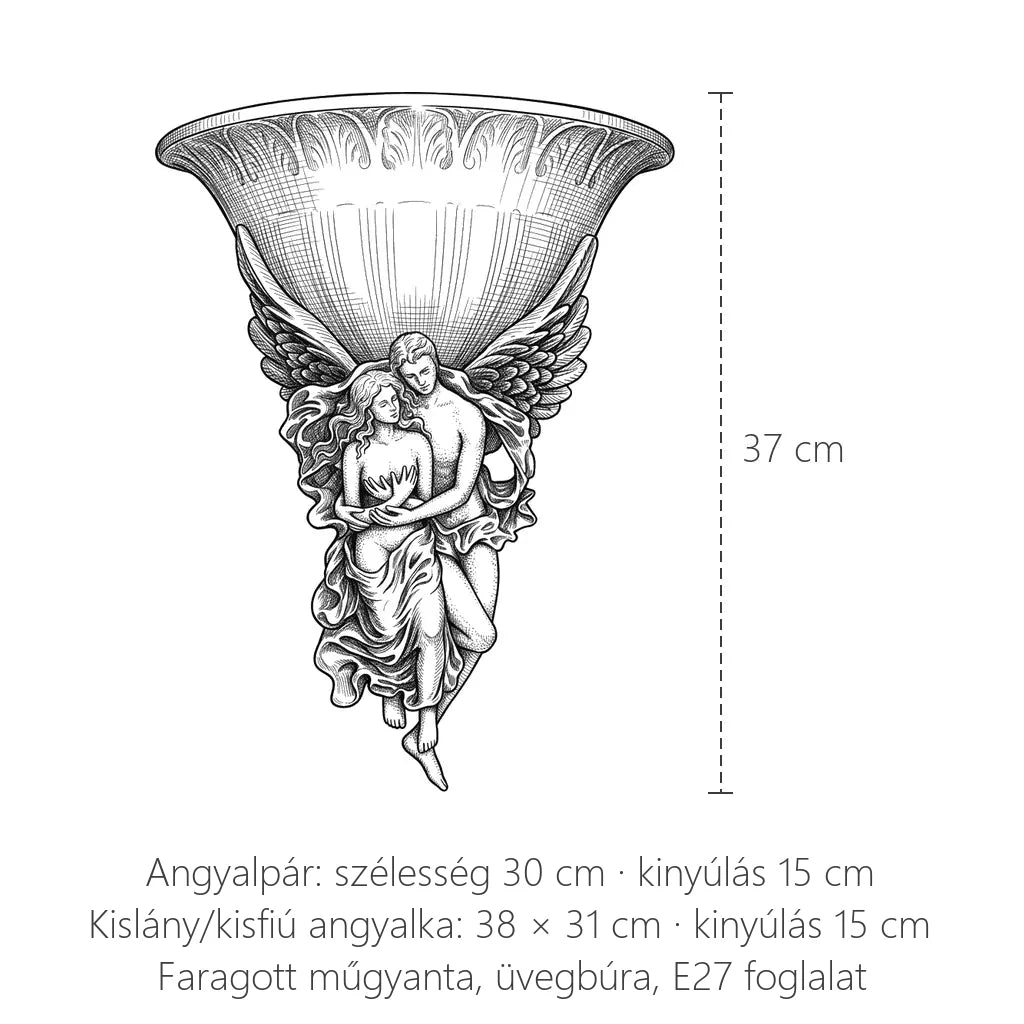 Az angyalos műgyanta fali lámpa méretei: magasság 37 cm, kinyúlás 15 cm