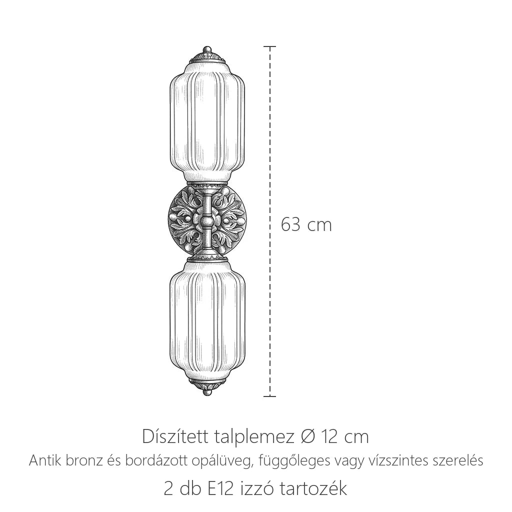 Antik bronz dupla opálüveg fali lámpa méretei: 63 cm, talplemez Ø 12 cm