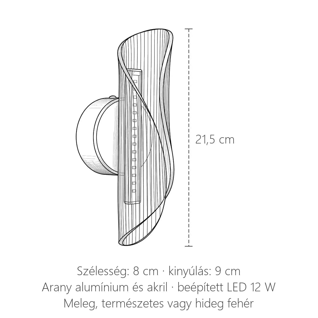 Az arany akril hullám fali lámpa méretei: magasság 21,5 cm, szélesség 8 cm