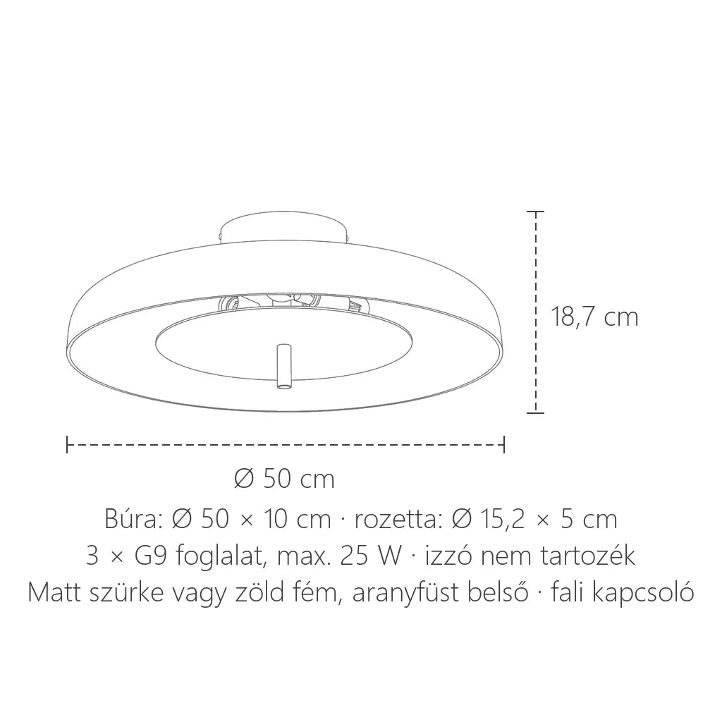 Kerek fém mennyezeti lámpa méretei: Ø 50 cm, 18,7 cm magas