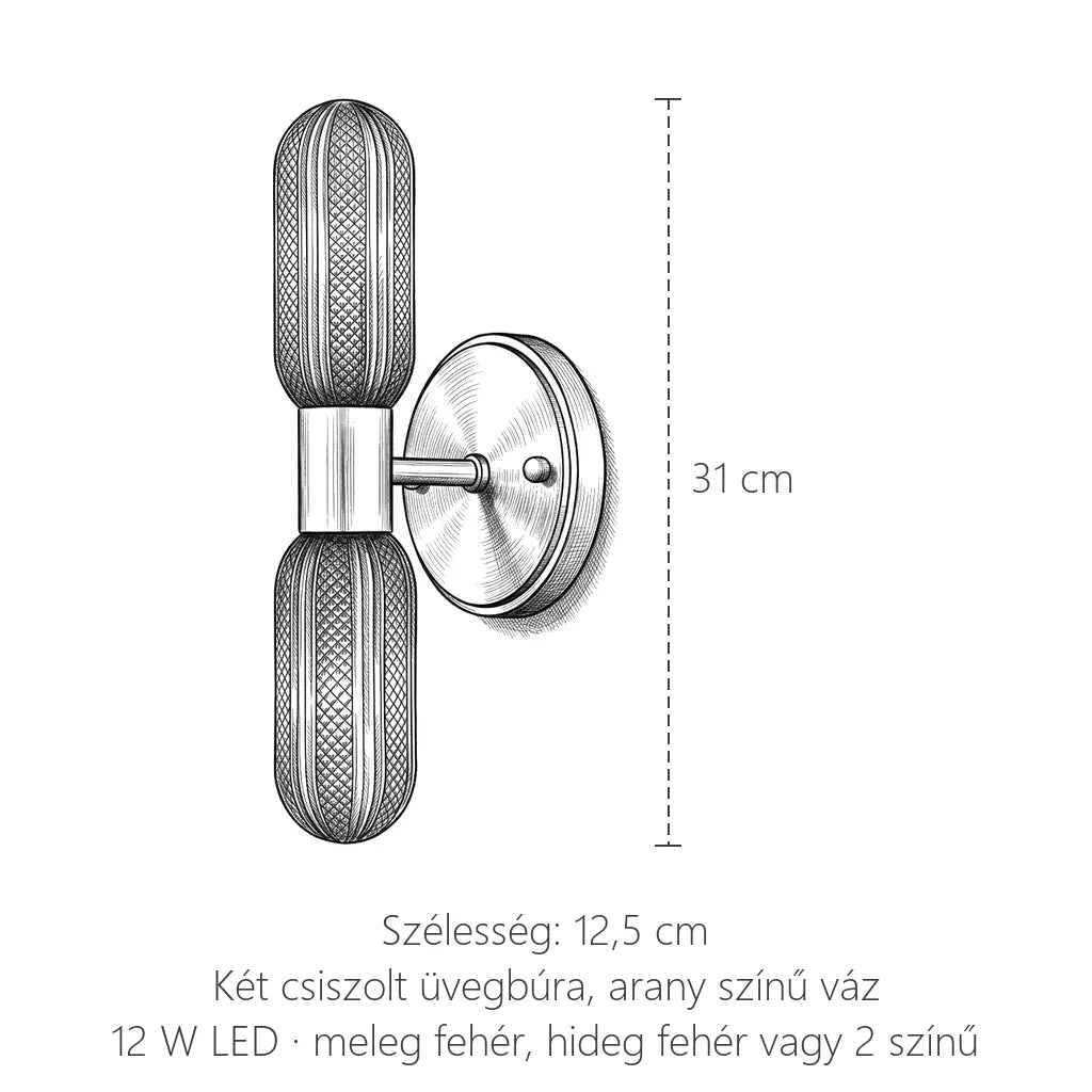 Dupla csiszolt üveg fali lámpa méretei: 31 × 12,5 cm