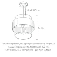 Üveg függőlámpa méretei: 16 cm magas, 150 cm kábel