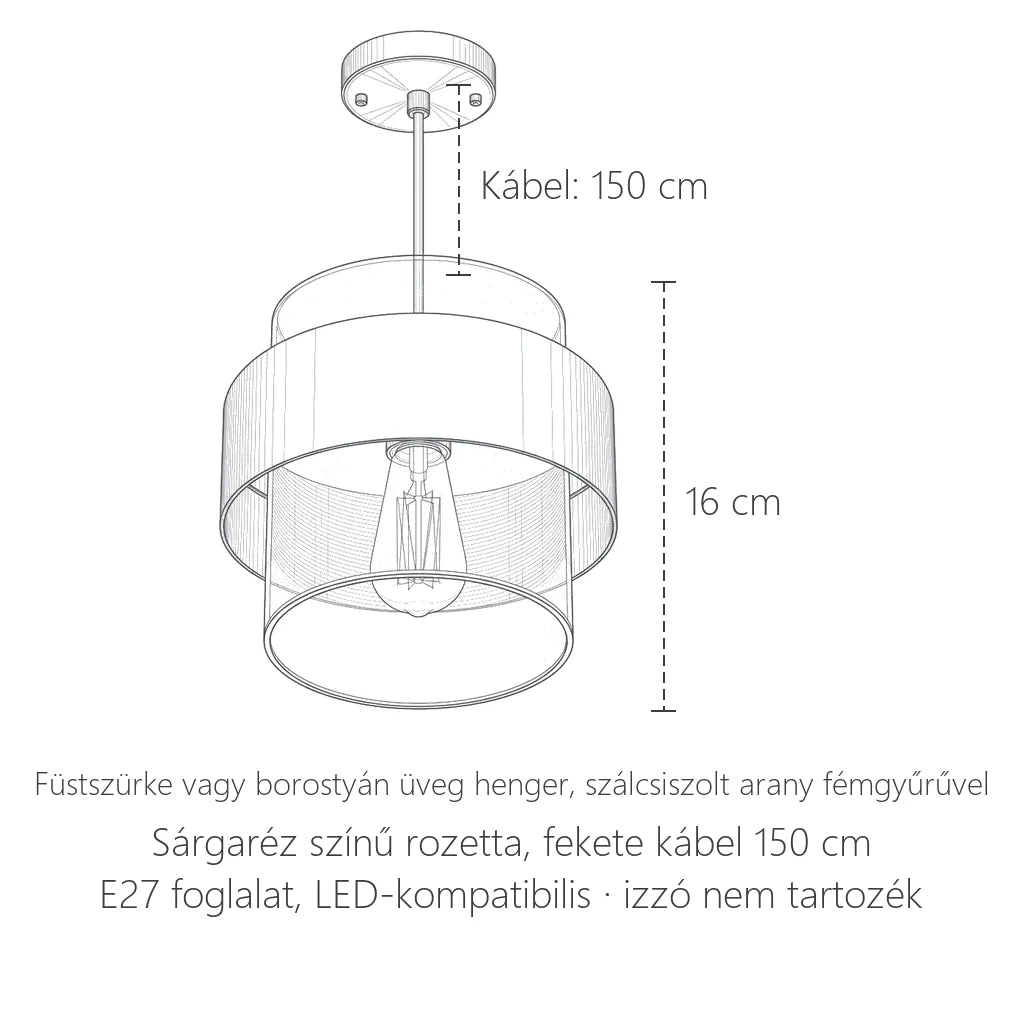 Üveg függőlámpa méretei: 16 cm magas, 150 cm kábel