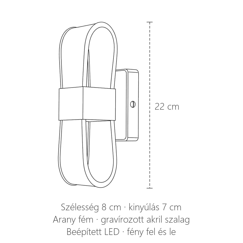 Arany hurok akril LED fali lámpa méretei: 22 cm magas, 8 cm széles