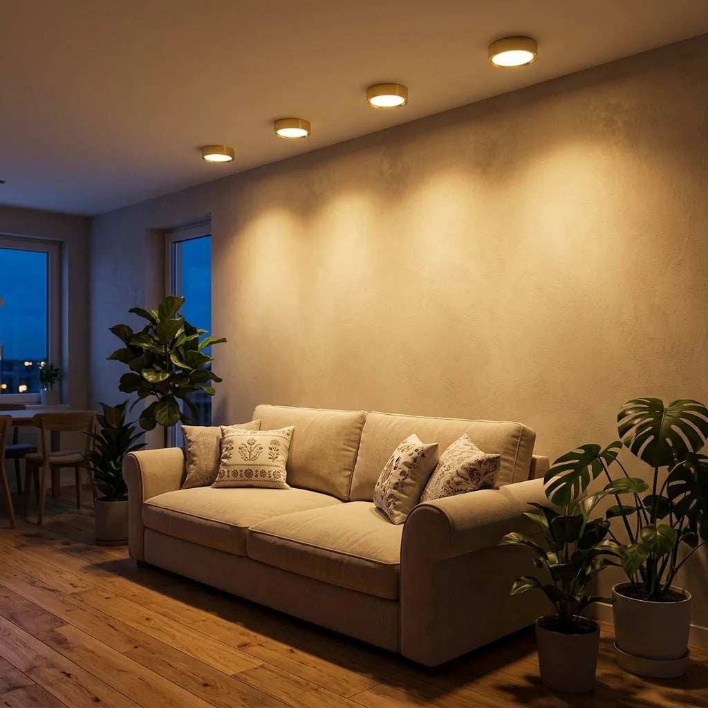 Arany felületre szerelt LED spotlámpák hangulatos nappaliban