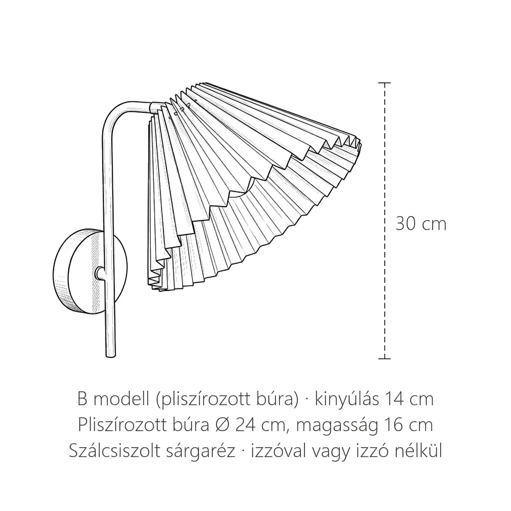 Az arany olvasó fali lámpa méretei, B modell (pliszírozott búra): magasság 30 cm, búra Ø 24 cm