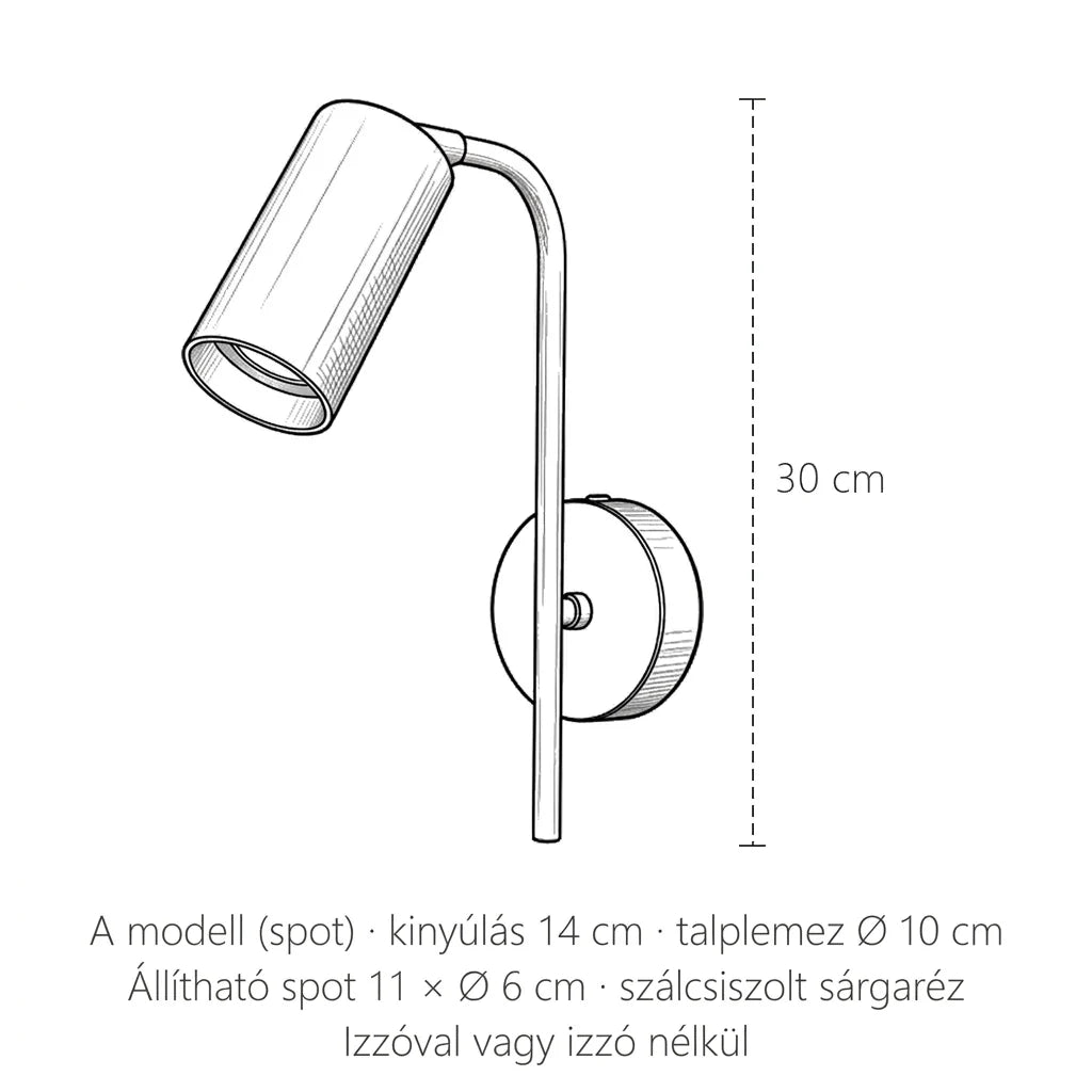 Az arany olvasó fali lámpa méretei, A modell (spot): magasság 30 cm, kinyúlás 14 cm