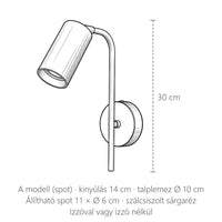 Az arany olvasó fali lámpa méretei, A modell (spot): magasság 30 cm, kinyúlás 14 cm