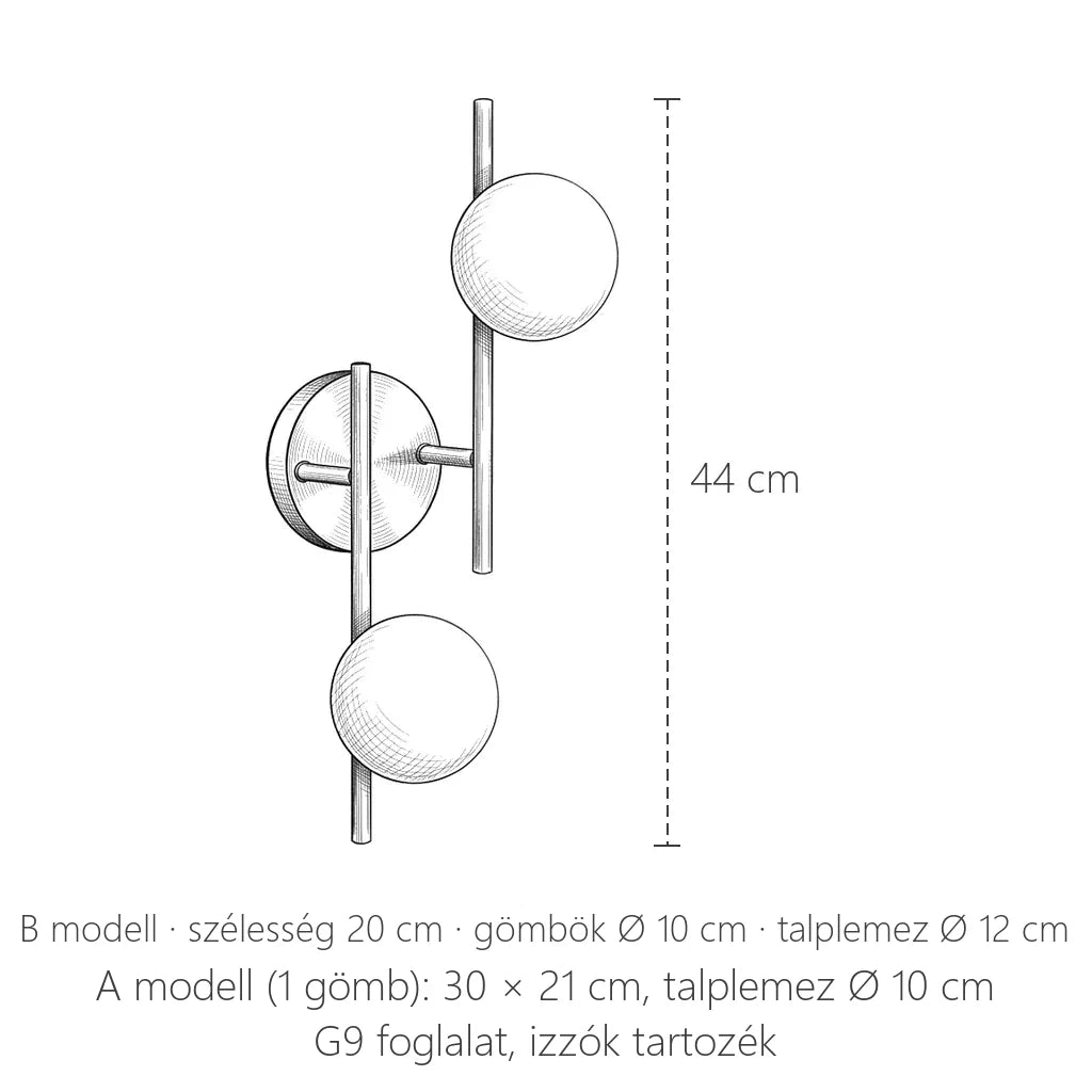 Arany opálgömbös fali lámpa méretei: B modell 44 cm magas