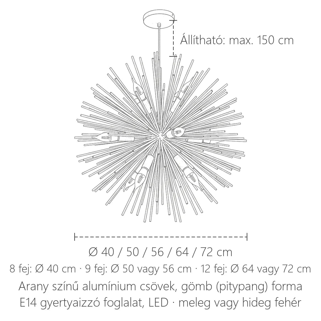 Pitypang csillár méretei: Ø 40–72 cm
