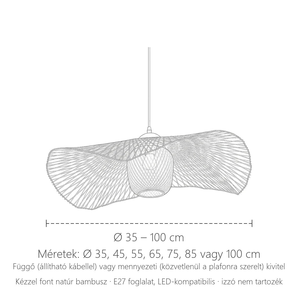 Bambusz kalap lámpa méretei: Ø 35–100 cm