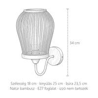 Bambusz kalitka fali lámpa méretei: 34 cm magas, 18 cm széles, kinyúlás 25 cm