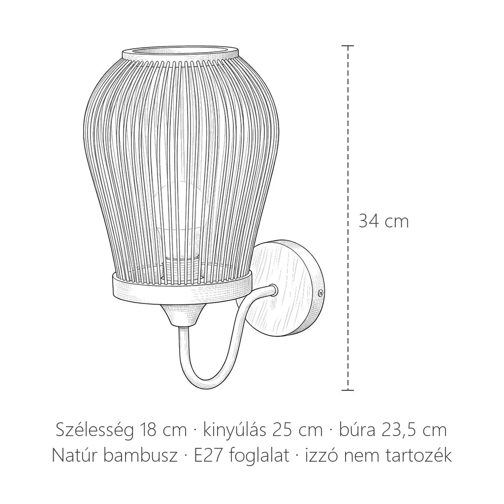 Bambusz kalitka fali lámpa méretei: 34 cm magas, 18 cm széles, kinyúlás 25 cm