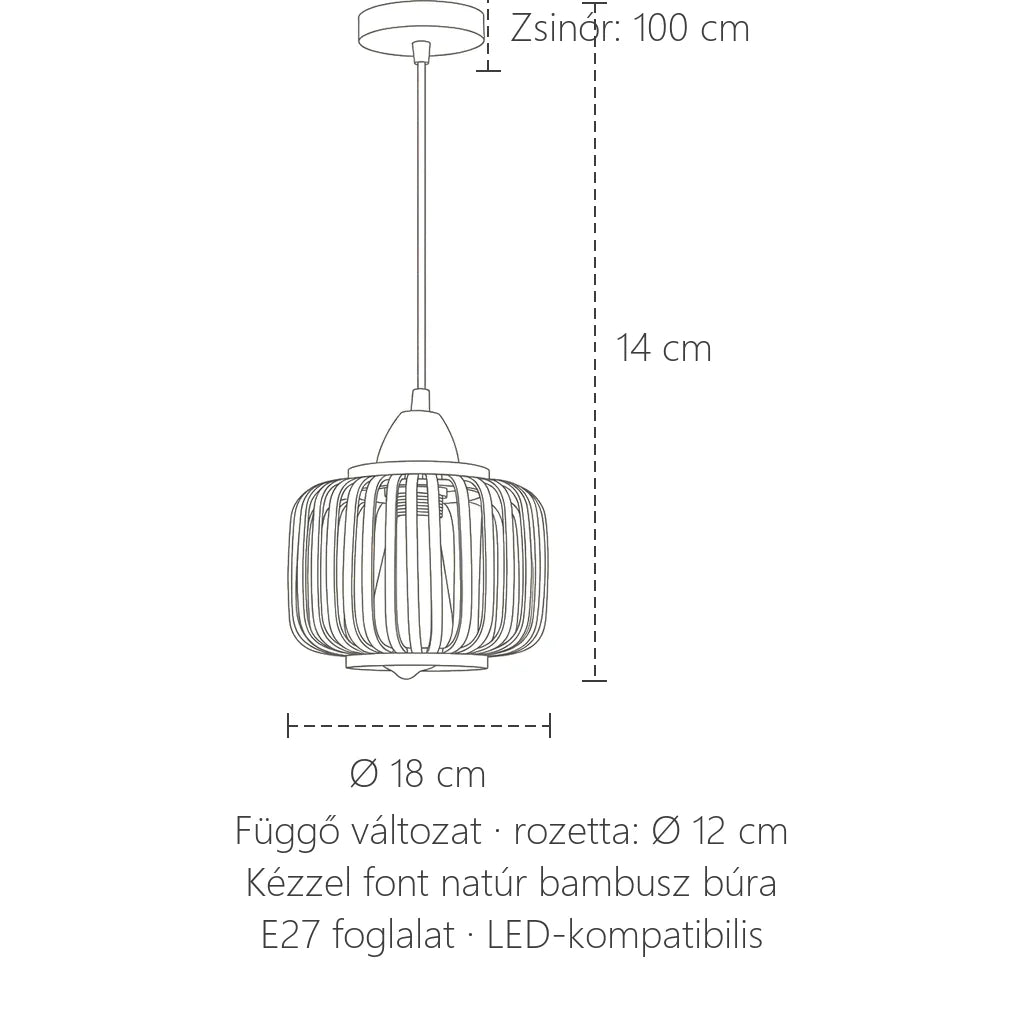 Függő bambusz lámpa méretei: Ø 18 cm, 100 cm zsinór