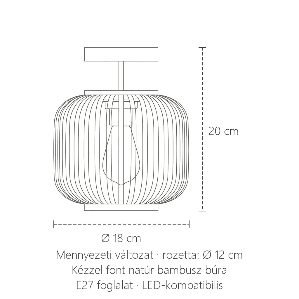 Mennyezeti bambusz lámpa méretei: Ø 18 cm, 20 cm magas