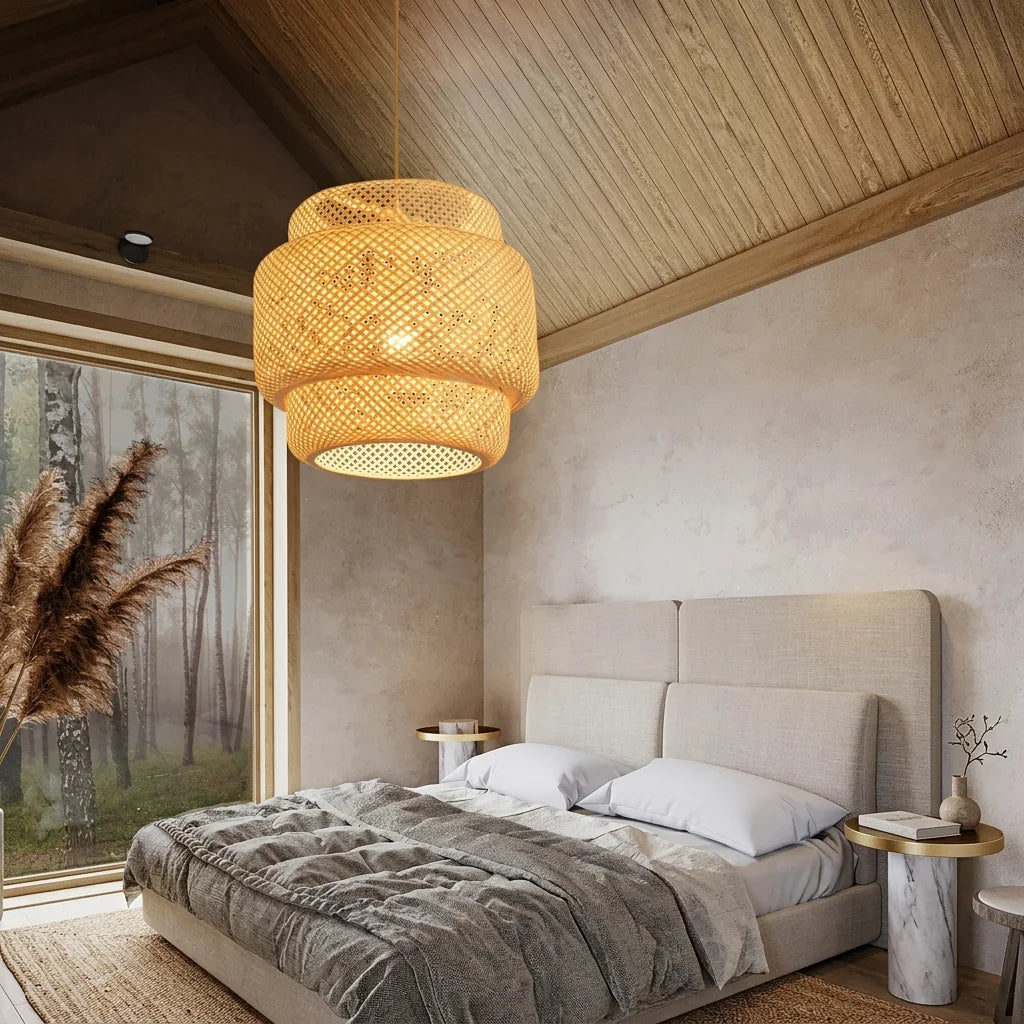 Bambusz lampion lámpa hangulatos hálószobában