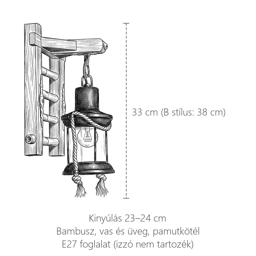 A bambusz létra fali lámpa méretei: magasság 33 vagy 38 cm