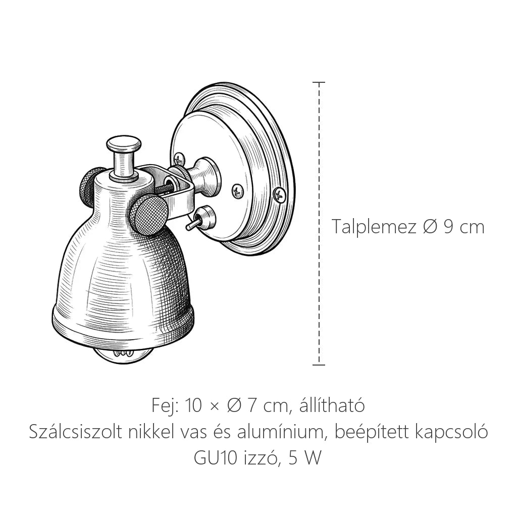 A Bauhaus állítható fali lámpa méretei: talplemez Ø 9 cm, fej 10 × Ø 7 cm