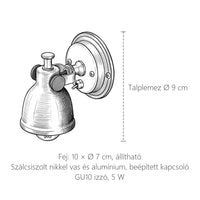 A Bauhaus állítható fali lámpa méretei: talplemez Ø 9 cm, fej 10 × Ø 7 cm