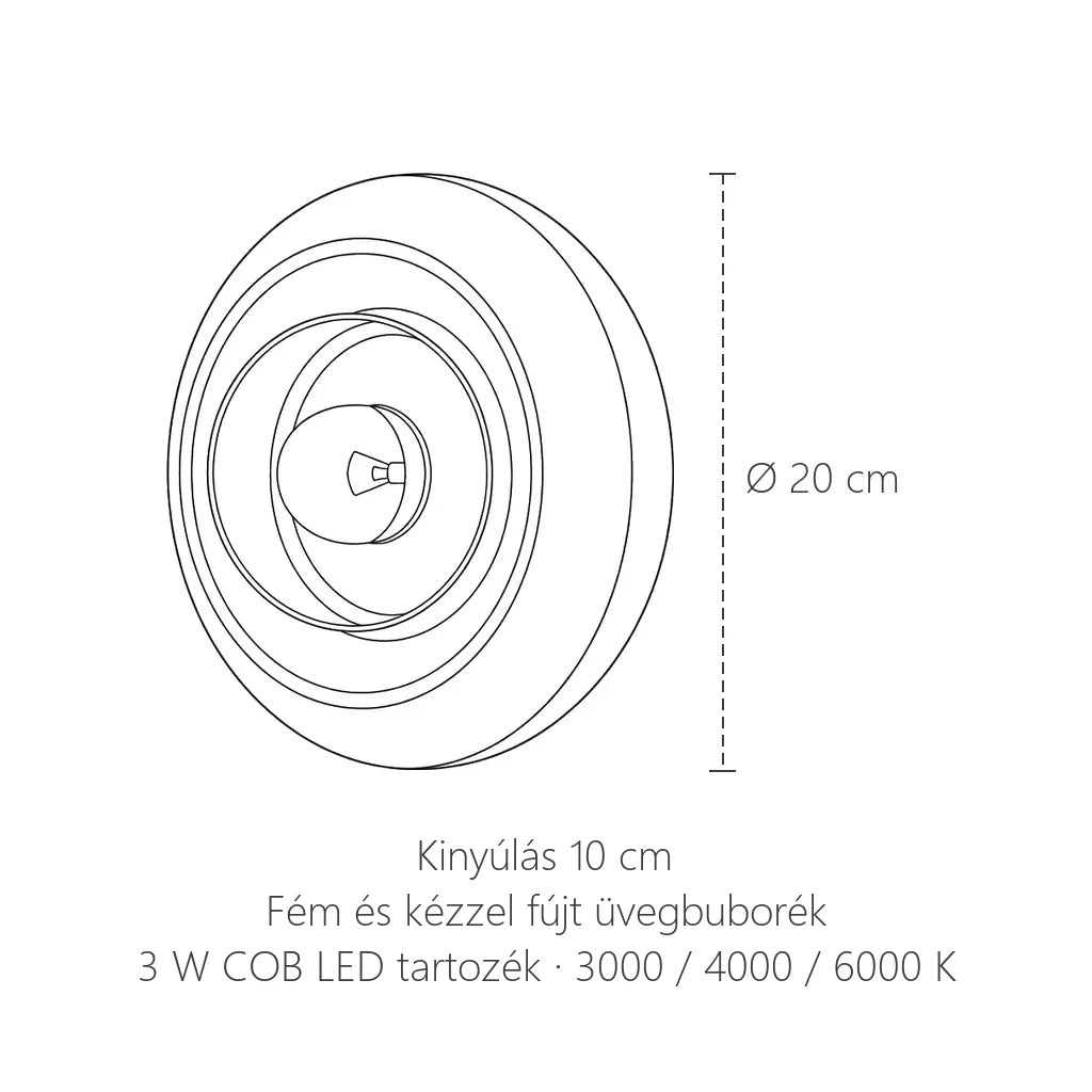 Bauhaus korong fali lámpa üvegbuborékkal méretei: Ø 20 cm, kinyúlás 10 cm