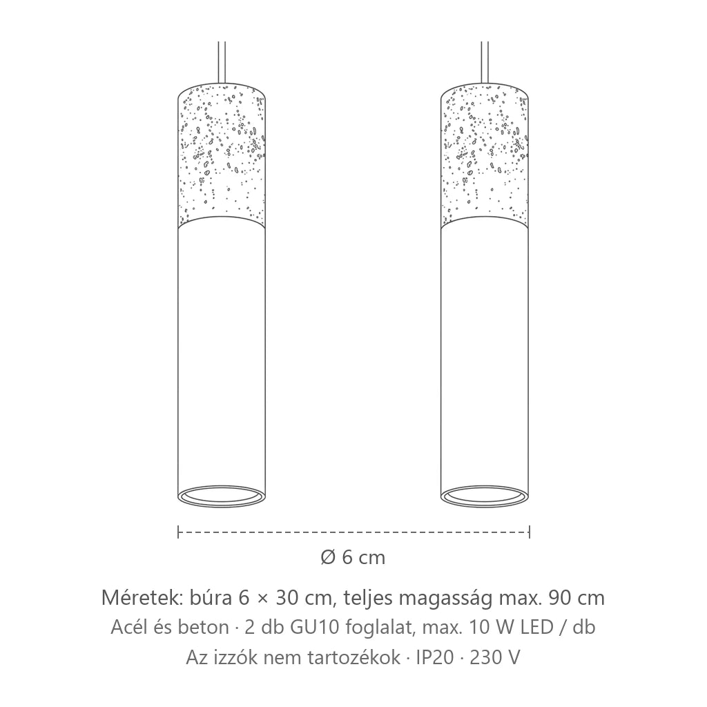 Beton és acél cső függőlámpa méretei (2 izzós – 30 cm-es sín): búra 6 × 30 cm, teljes magasság max. 90 cm