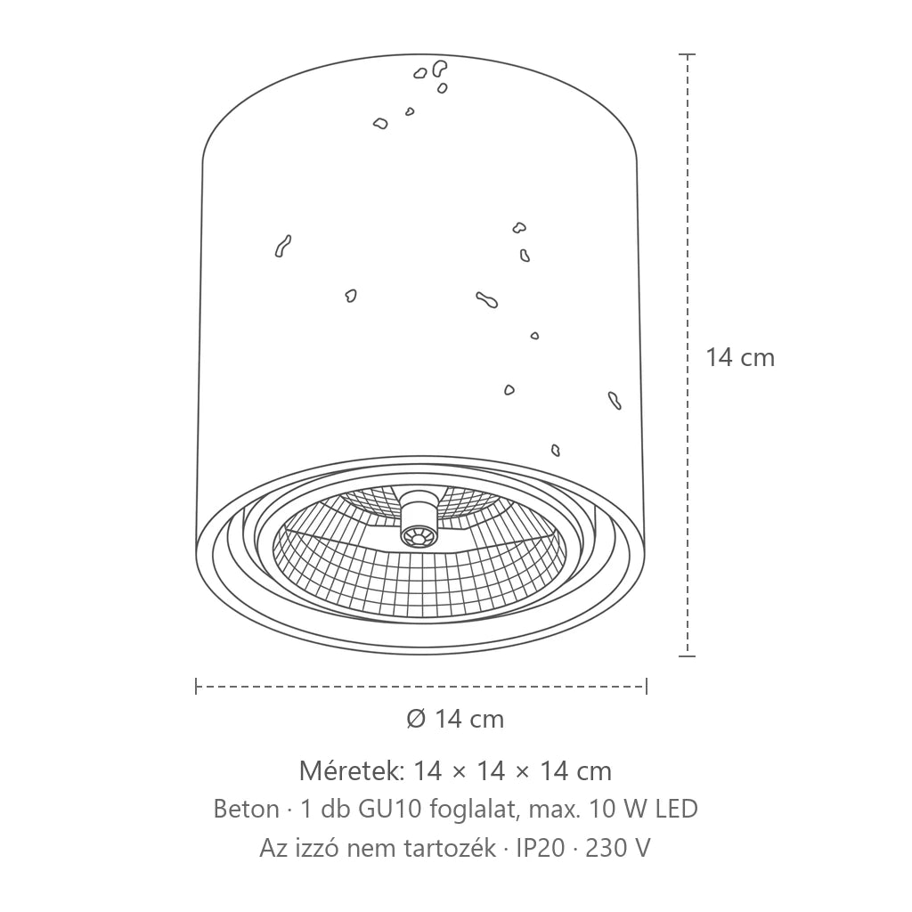 Beton henger mennyezeti spotlámpa ø 14 cm méretei: 14 × 14 × 14 cm