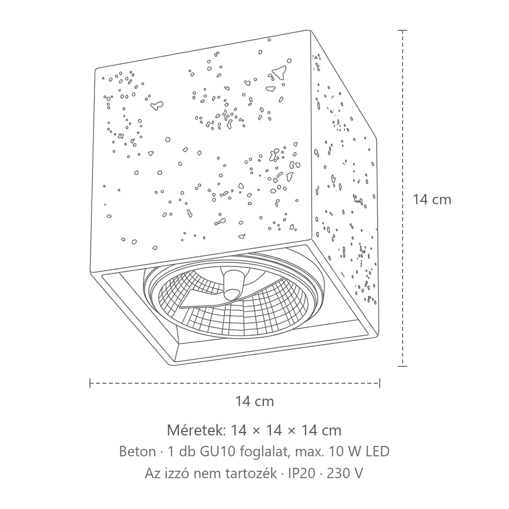 Beton kocka mennyezeti spotlámpa 14 cm méretei: 14 × 14 × 14 cm