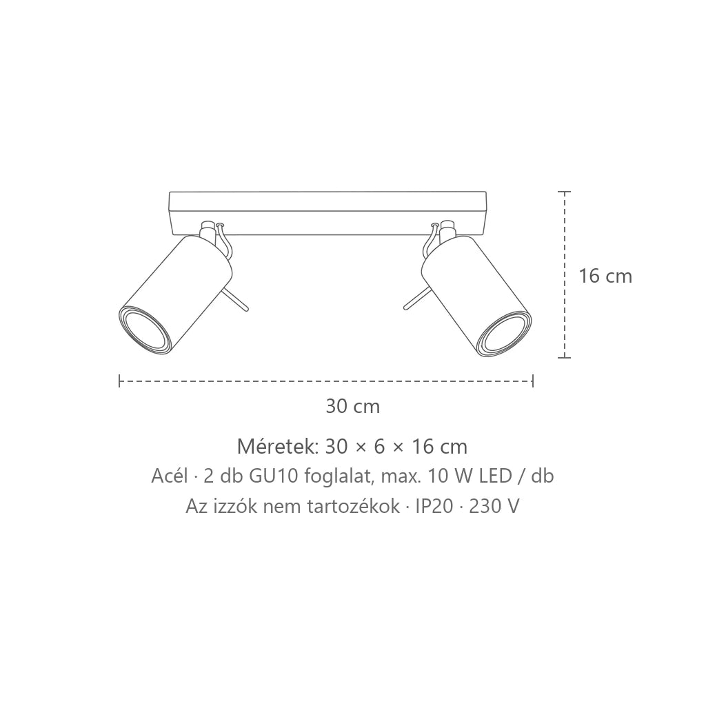 Billenthető csőspotos mennyezeti lámpa méretei (2 izzós – 30 cm-es sín): 30 × 6 × 16 cm