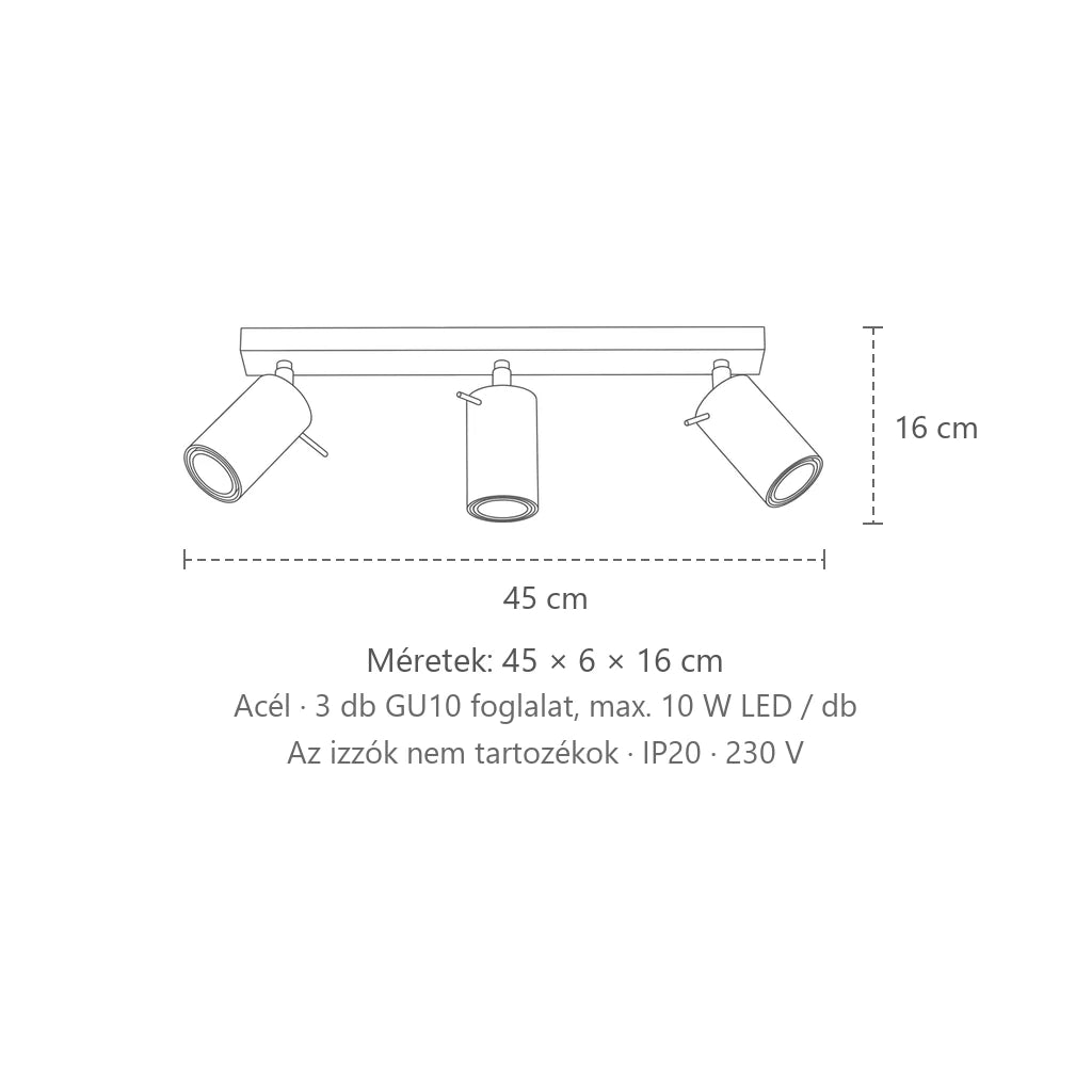 Billenthető csőspotos mennyezeti lámpa méretei (3 izzós – 45 cm-es sín): 45 × 6 × 16 cm