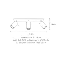 Billenthető csőspotos mennyezeti lámpa méretei (3 izzós – 45 cm-es sín): 45 × 6 × 16 cm