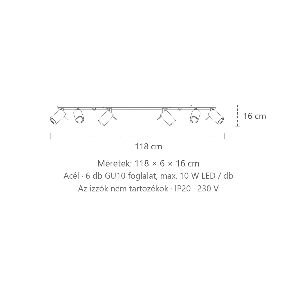 Billenthető csőspotos mennyezeti lámpa méretei (6 izzós – 118 cm-es sín): 118 × 6 × 16 cm