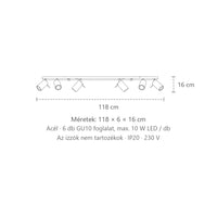 Billenthető csőspotos mennyezeti lámpa méretei (6 izzós – 118 cm-es sín): 118 × 6 × 16 cm