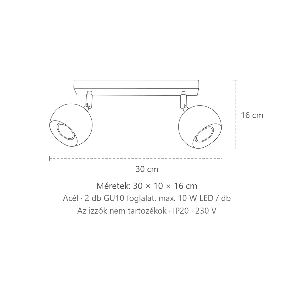 Billenthető gömb spotos mennyezeti lámpa méretei (2 izzós – 30 cm-es sín): 30 × 10 × 16 cm