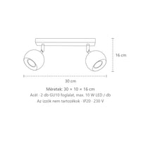 Billenthető gömb spotos mennyezeti lámpa méretei (2 izzós – 30 cm-es sín): 30 × 10 × 16 cm