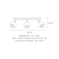 Billenthető gömb spotos mennyezeti lámpa méretei (3 izzós – 45 cm-es sín): 45 × 10 × 16 cm