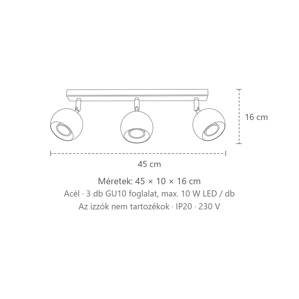 Billenthető gömb spotos mennyezeti lámpa méretei (3 izzós – 45 cm-es sín): 45 × 10 × 16 cm