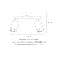 Billenthető kerek spotos mennyezeti lámpa sínen méretei (2 izzós – 26 cm-es sín): 26 × 8 × 20 cm