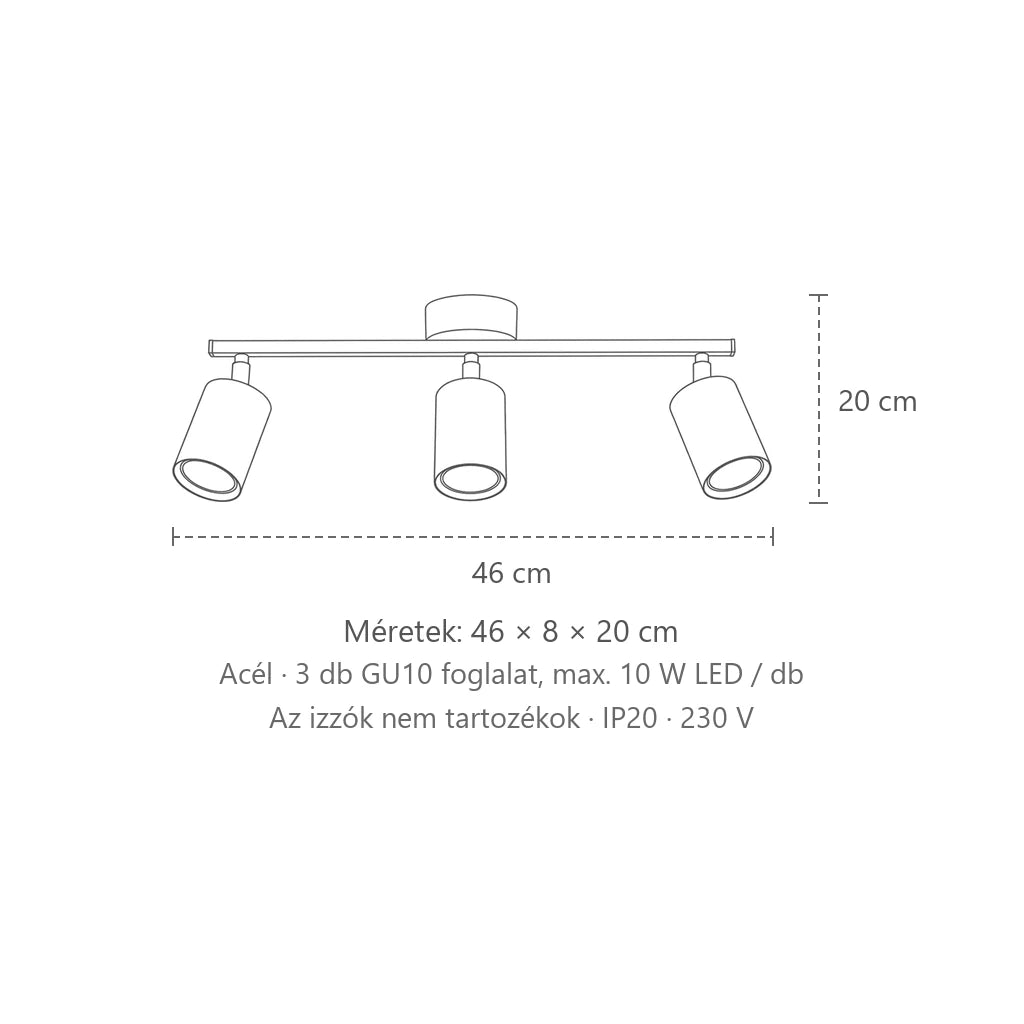 Billenthető kerek spotos mennyezeti lámpa sínen méretei (3 izzós – 46 cm-es sín): 46 × 8 × 20 cm