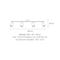 Billenthető kerek spotos mennyezeti lámpa sínen méretei (4 izzós – 100 cm-es sín): 100 × 24 × 20 cm