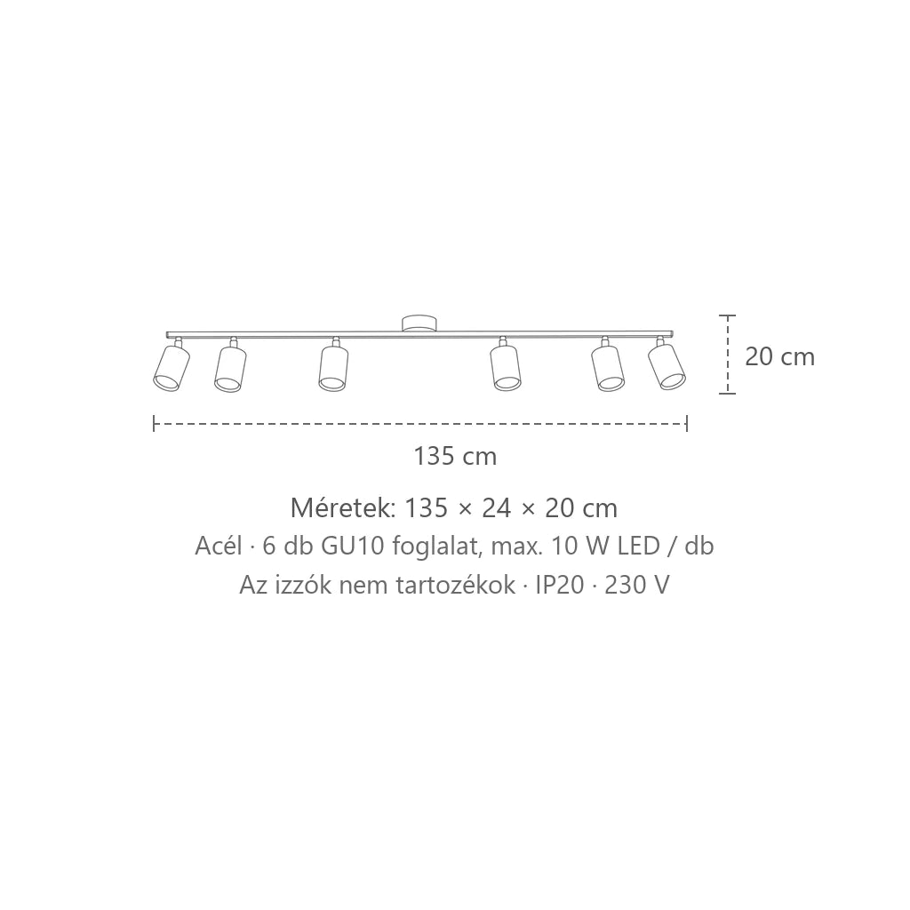Billenthető kerek spotos mennyezeti lámpa sínen méretei (6 izzós – 135 cm-es sín): 135 × 24 × 20 cm