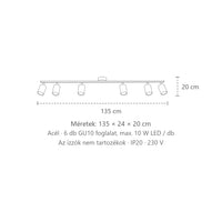 Billenthető kerek spotos mennyezeti lámpa sínen méretei (6 izzós – 135 cm-es sín): 135 × 24 × 20 cm