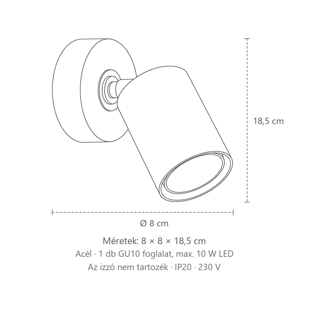 Billenthető spot fali lámpa kerek talppal méretei: 8 × 8 × 18,5 cm