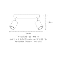 Billenthető spotos mennyezeti lámpa fa sínen méretei (2 izzós – 46 cm-es sín): 46 × 30 × 17,5 cm