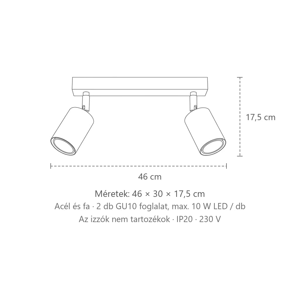 Billenthető spotos mennyezeti lámpa fa sínen méretei (2 izzós – 46 cm-es sín): 46 × 30 × 17,5 cm