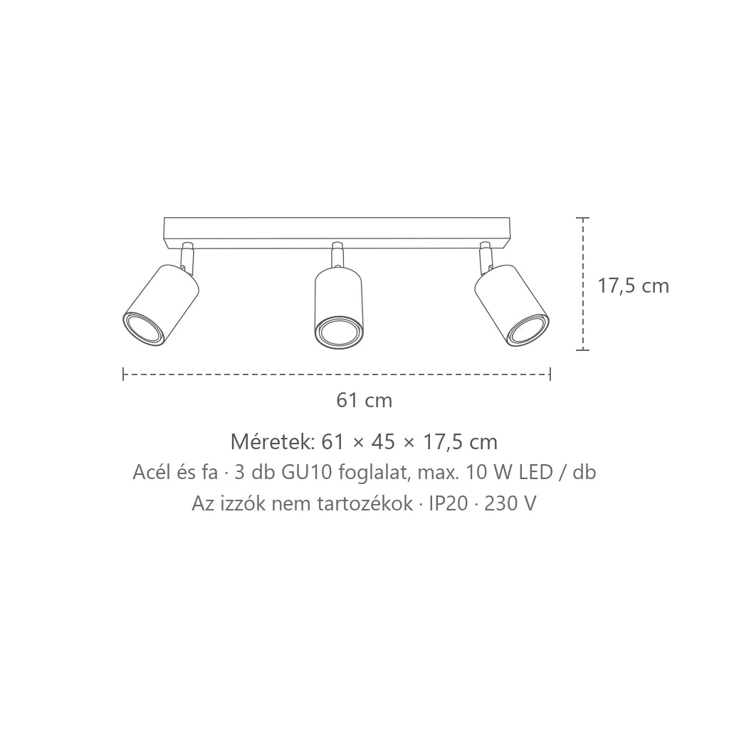Billenthető spotos mennyezeti lámpa fa sínen méretei (3 izzós – 61 cm-es sín): 61 × 45 × 17,5 cm